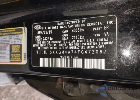 2015 Kia Optima Lx z USA, uszkodzony, nr VIN 5XXGM4A74FG472067